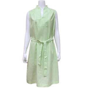 Vintage Seersucker Dress Green White Stripe Belted Sleeveless 18 1/2